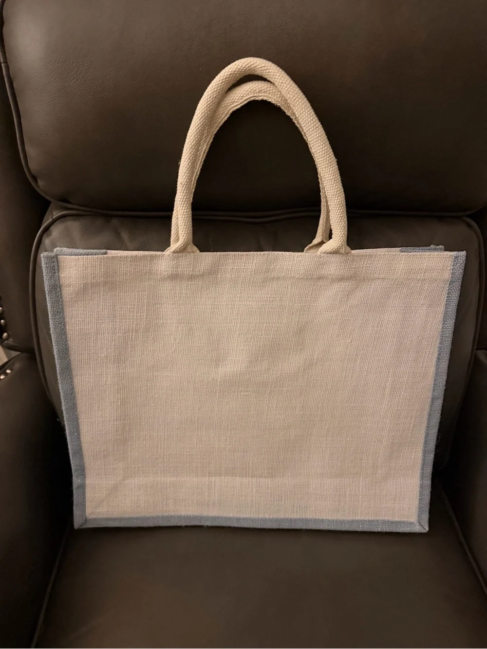 South Beach Ritz Carlton Linen Tote Bag in Lt Blue and Cream with front pocket